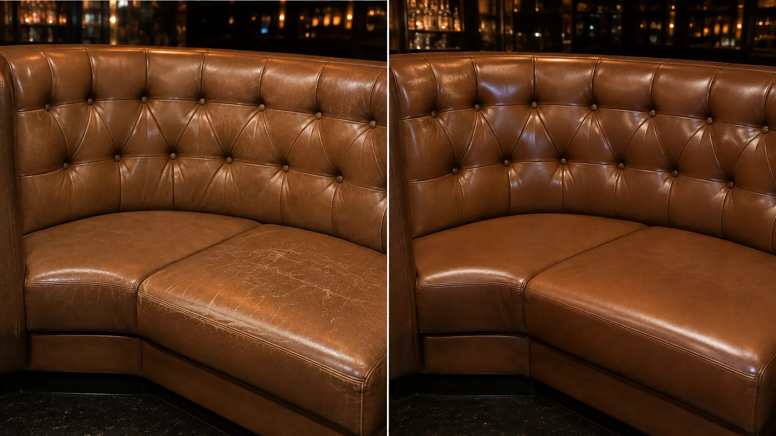 Worn cognac tufted booth before and after