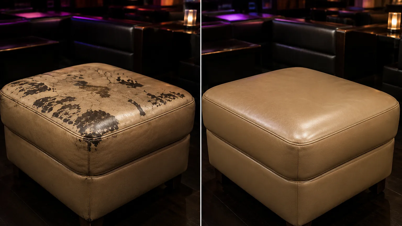 Stained cream ottoman before and after