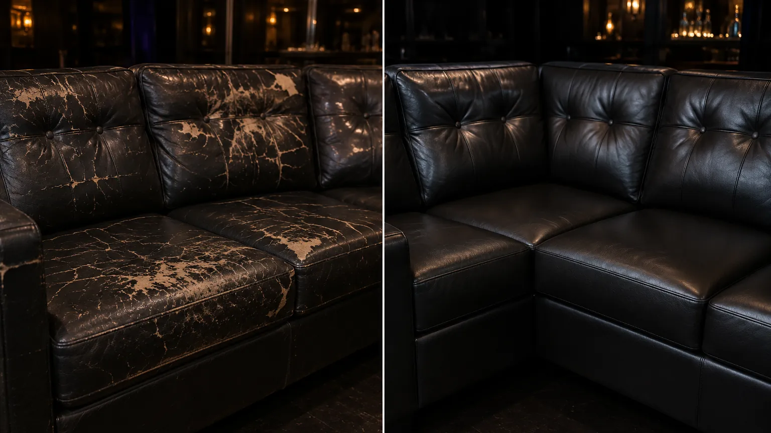 Black leather sectional before and after restoration