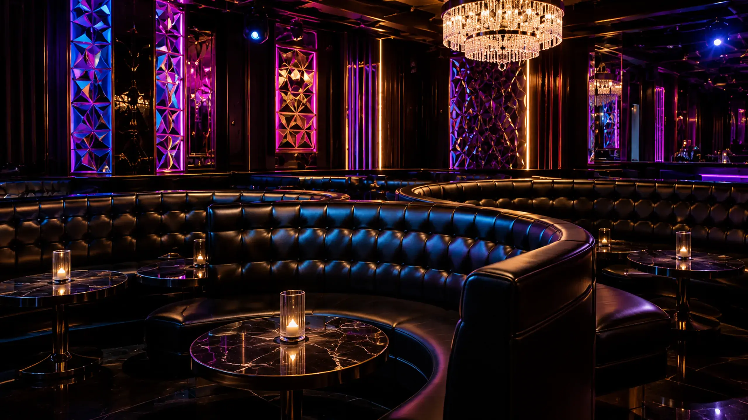 Nightclub upholstery NYC: a lounge of black tufted curved banquettes under neon lighting