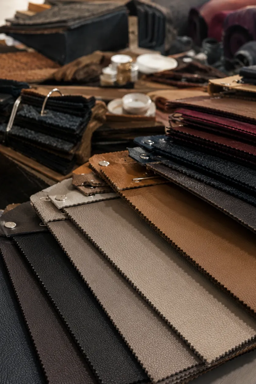 Leather and vinyl upholstery sample swatches fanned out on a table