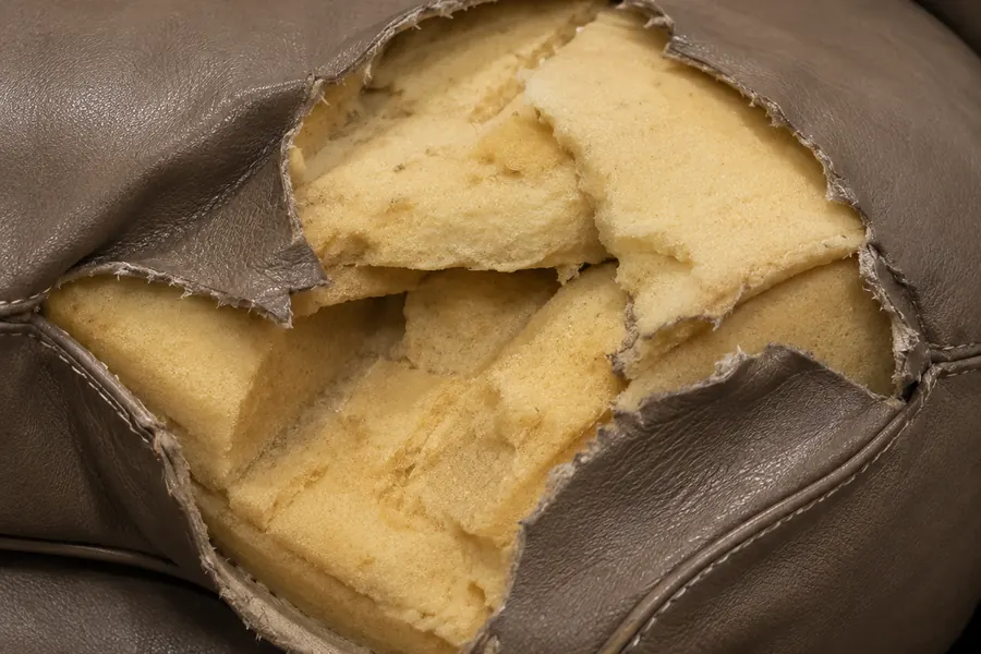 Collapsed upholstery foam lifted out of a nightclub seat