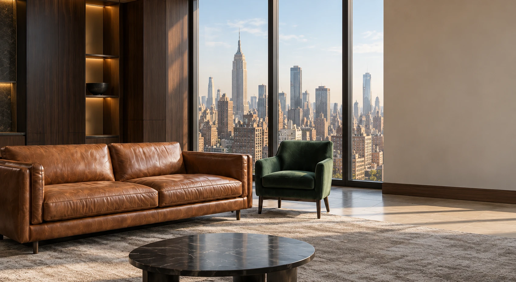 Cognac leather sofa by a window with a Midtown view