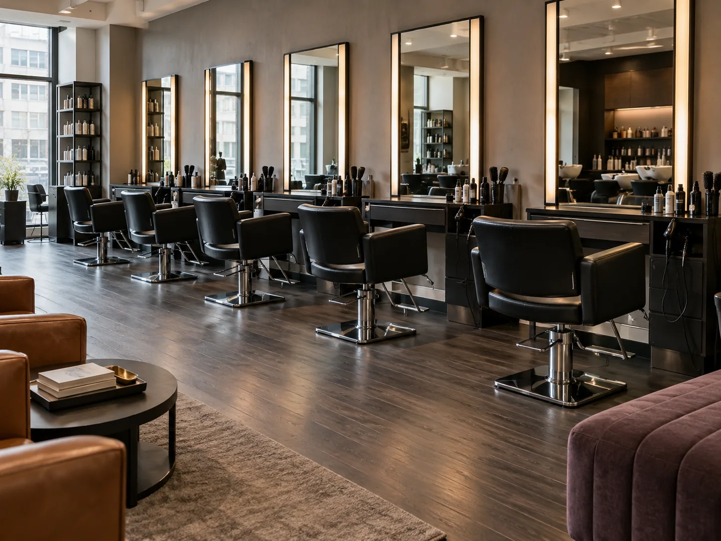 A NYC hair salon styling floor with black chairs, mirrors and a leather lounge corner