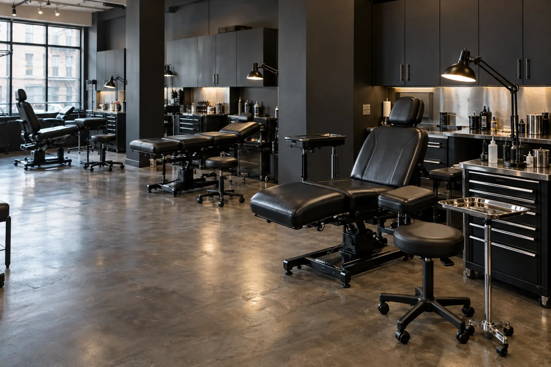 A NYC tattoo studio floor with black client chairs, beds and artist stools