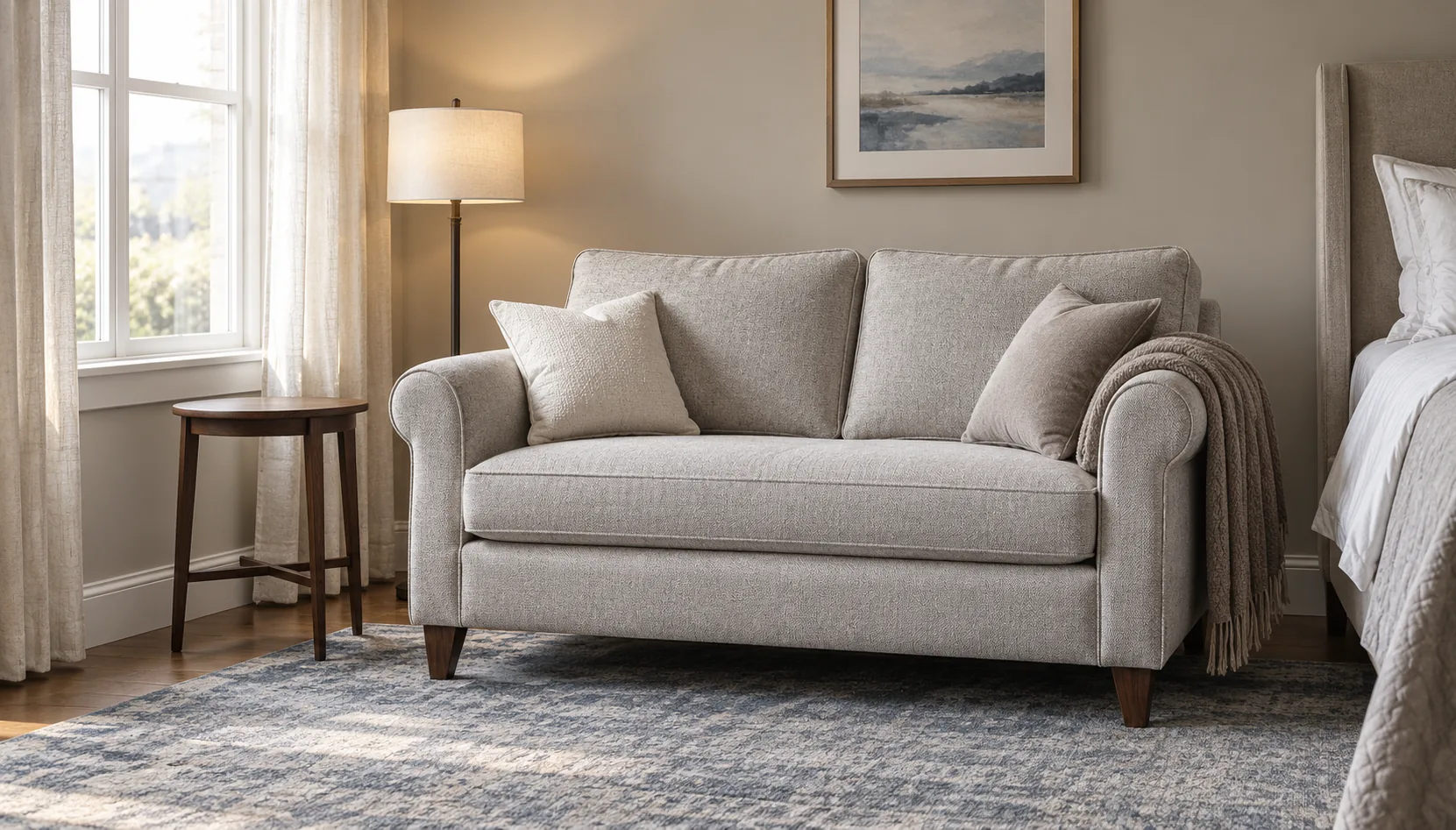 Oatmeal loveseat in a bedroom
