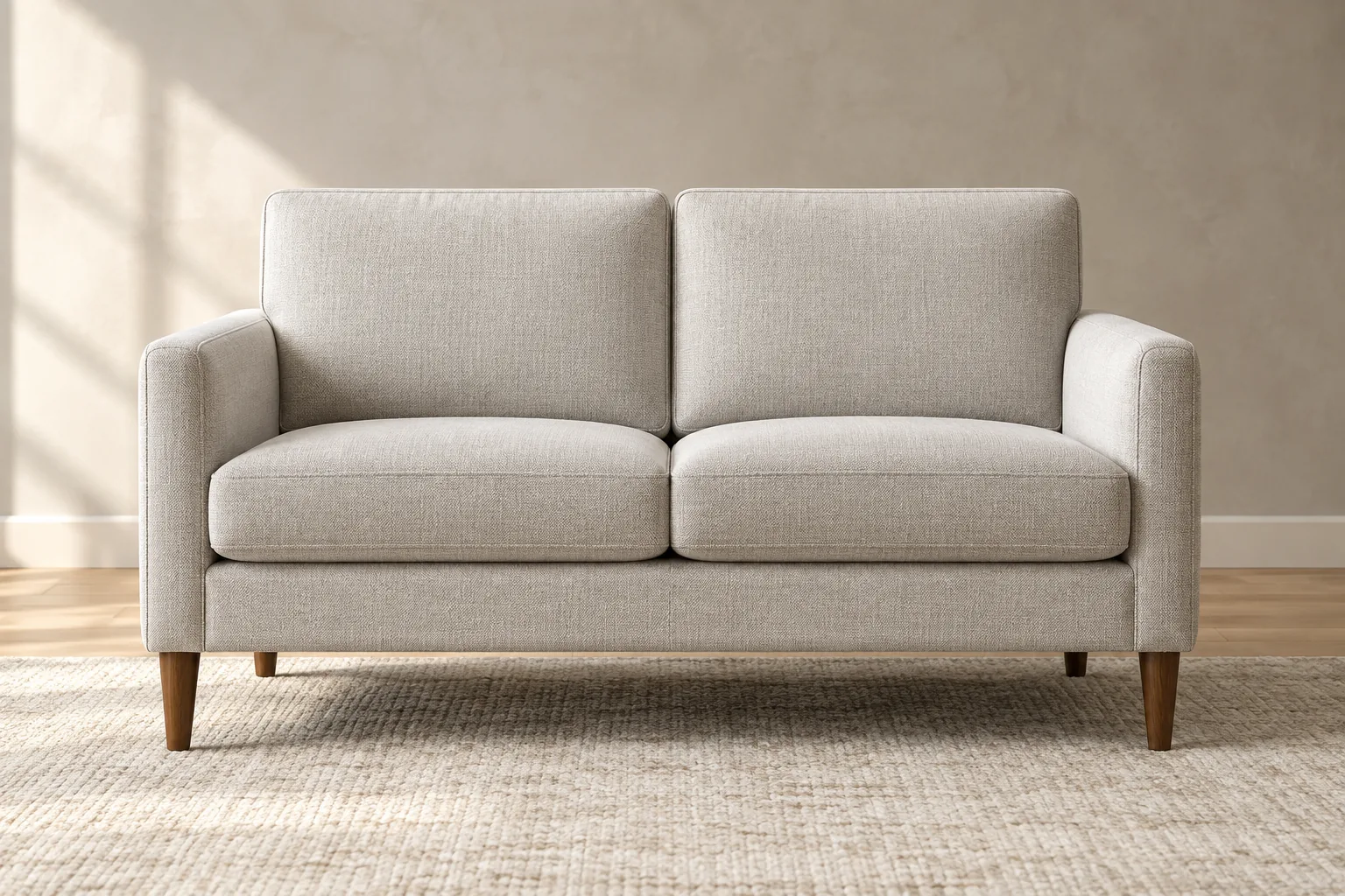 Oatmeal fabric loveseat with track arms