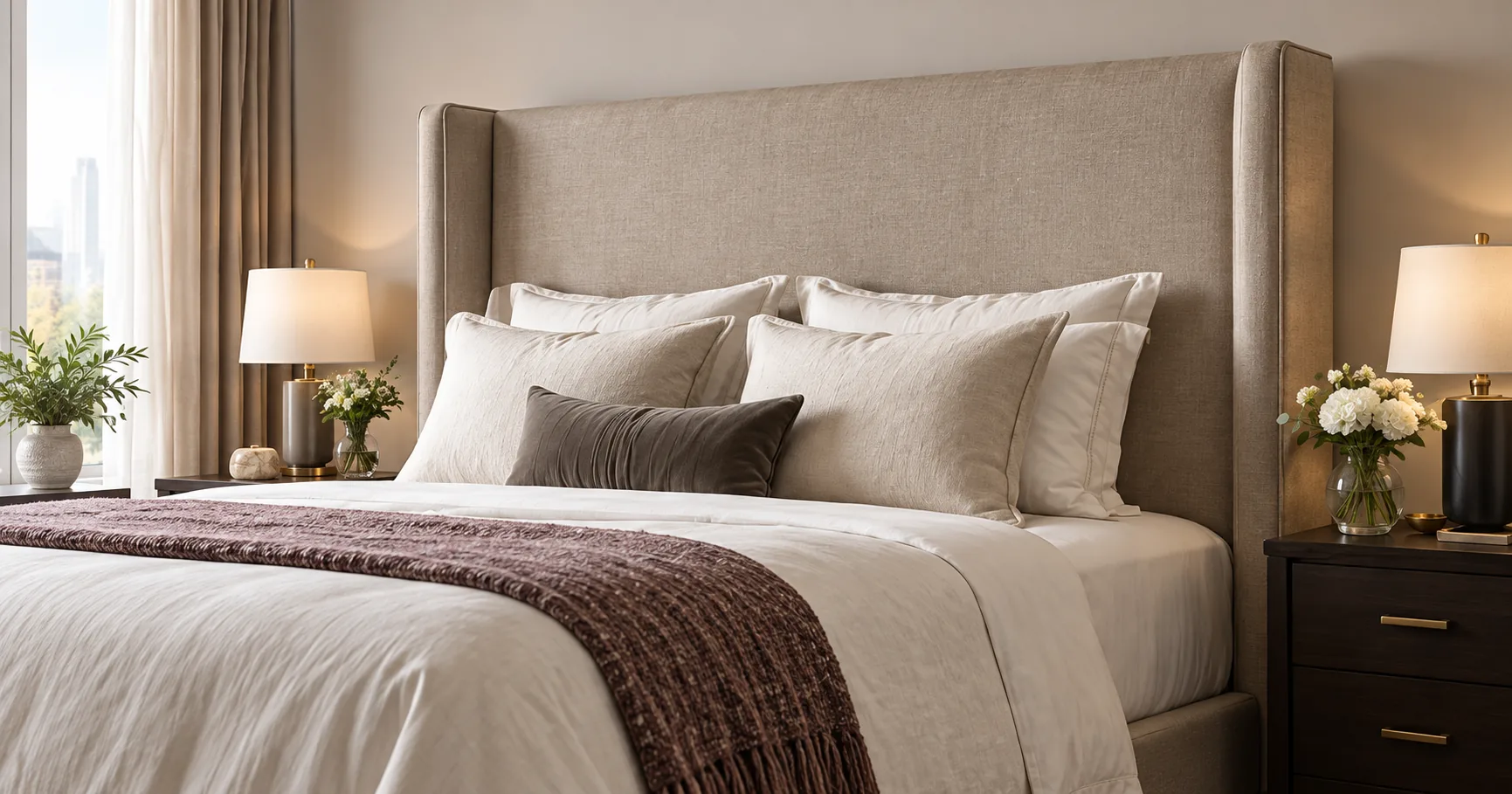Oatmeal linen wingback headboard beside a New York apartment window
