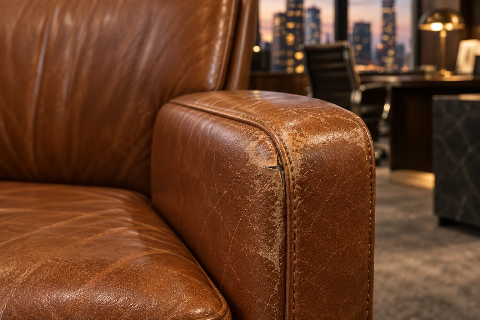 Close view of a cognac leather office chair arm, cracked and worn through at the edge