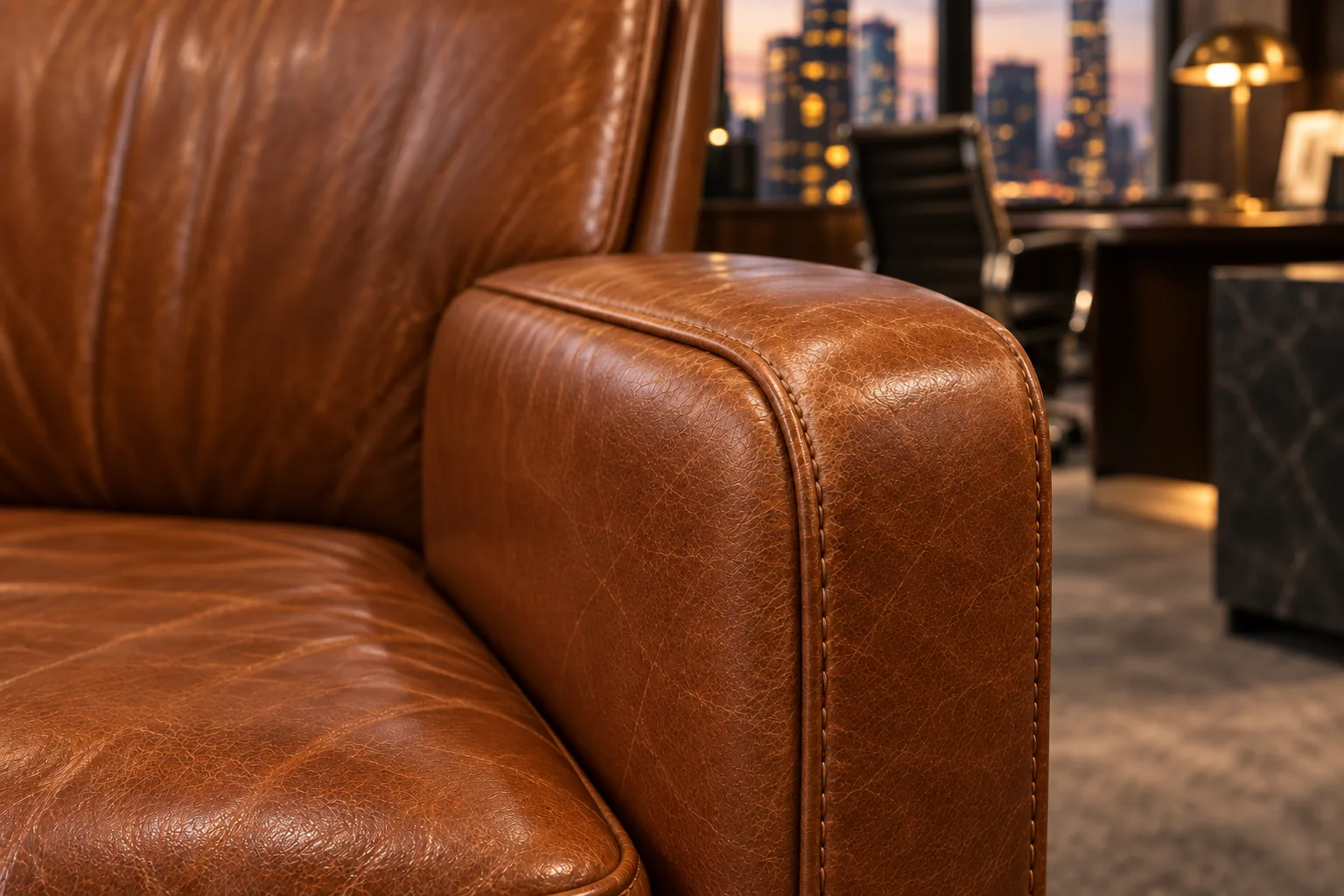 The same cognac leather chair arm after restoration, color and finish even again