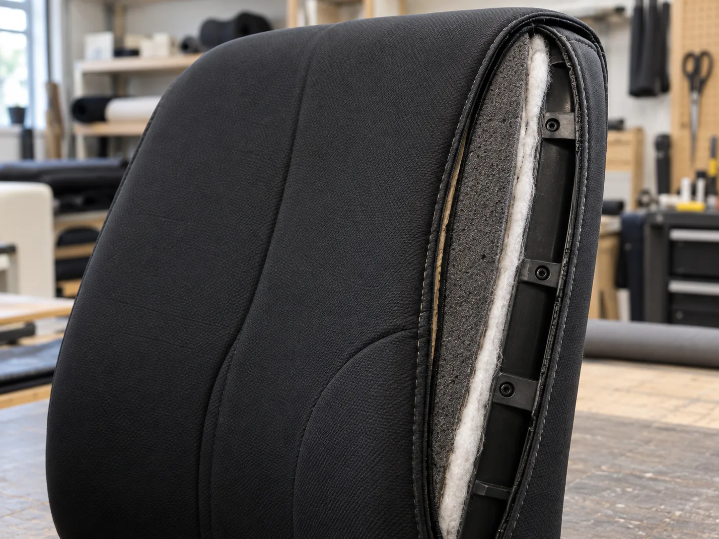 Office chair backrest opened to show the foam, wadding and plastic carrier inside