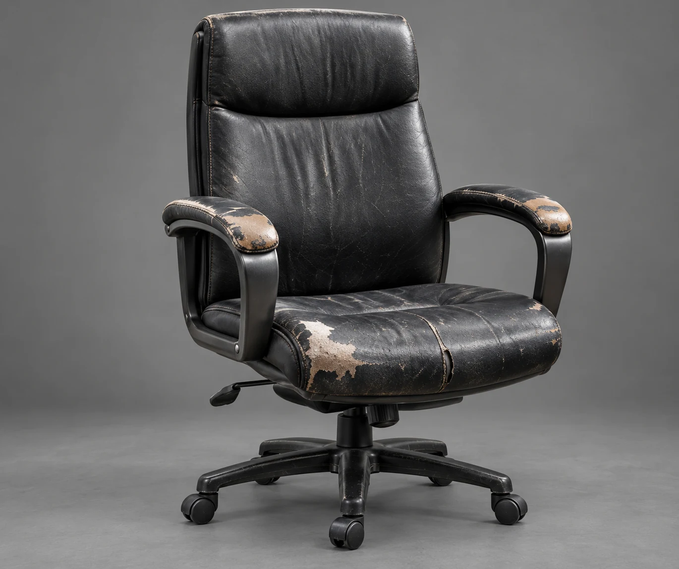 Office chair with worn arm pads and seat