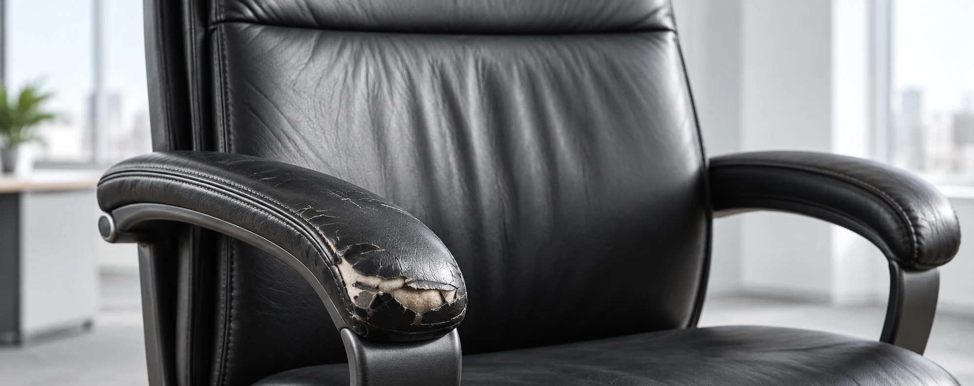 Office chair with the leather peeling off both armrests down to the pale backing