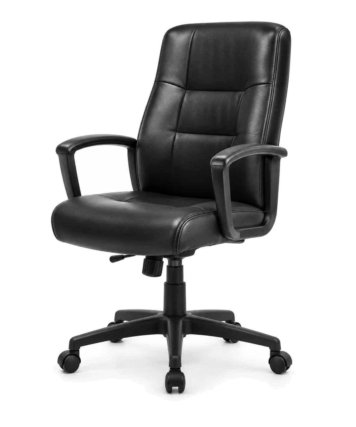 Black leather management chair with padded arms on castors