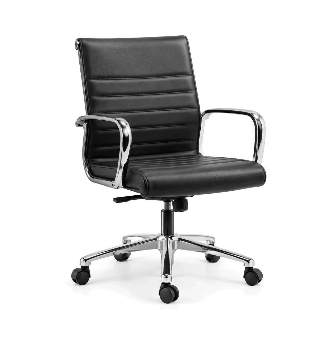 Ribbed black leather conference chair on a chrome five-star base