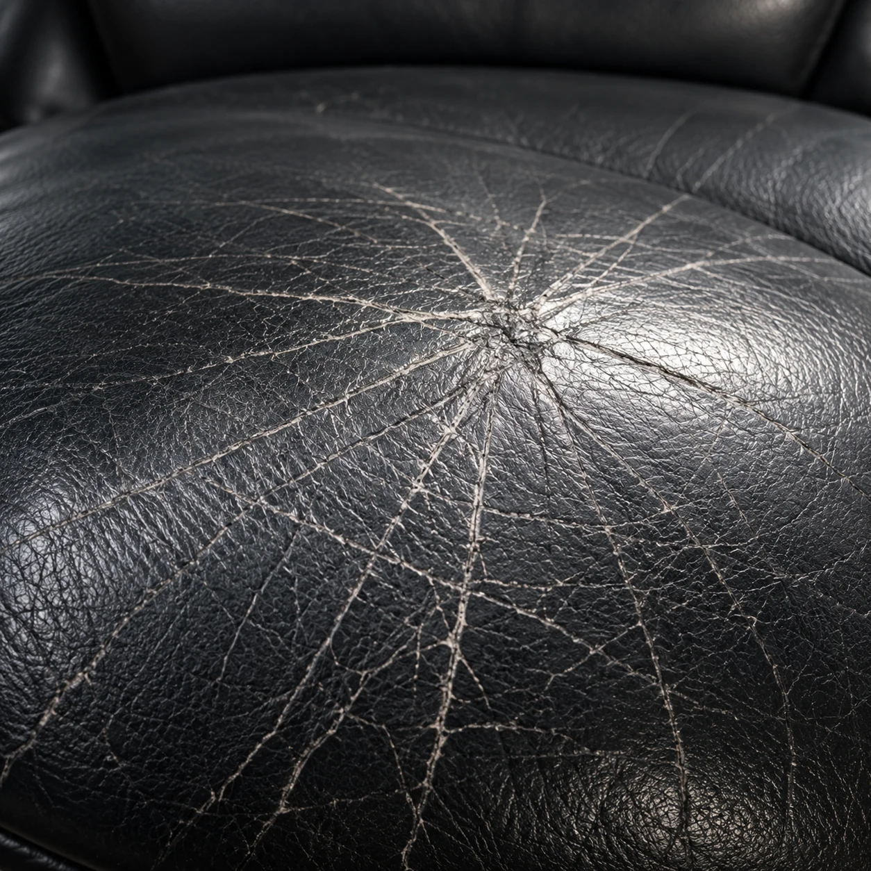 Fine spidery cracking spreading across a black office chair seat