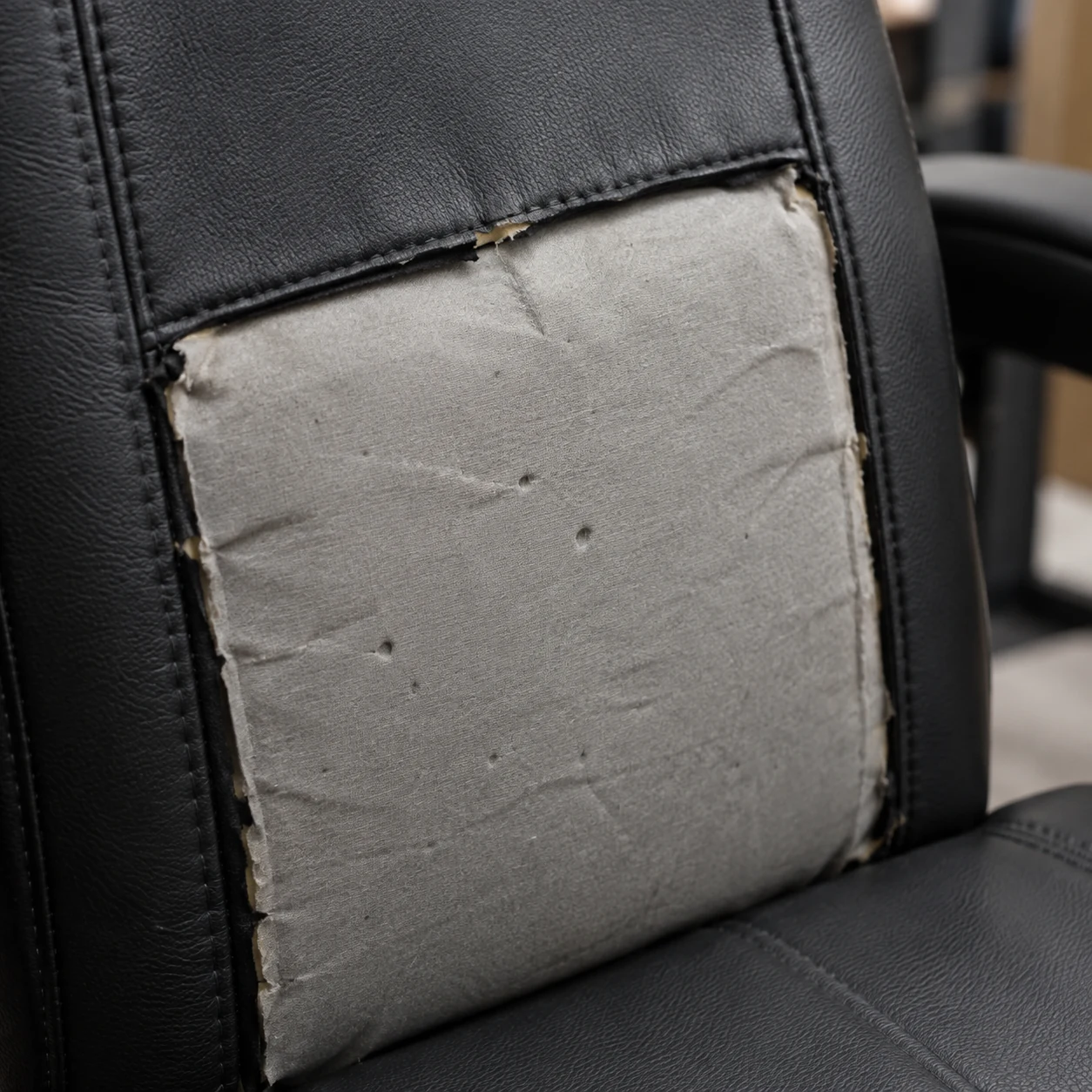 Office chair back panel with the leather gone and the pale lining exposed