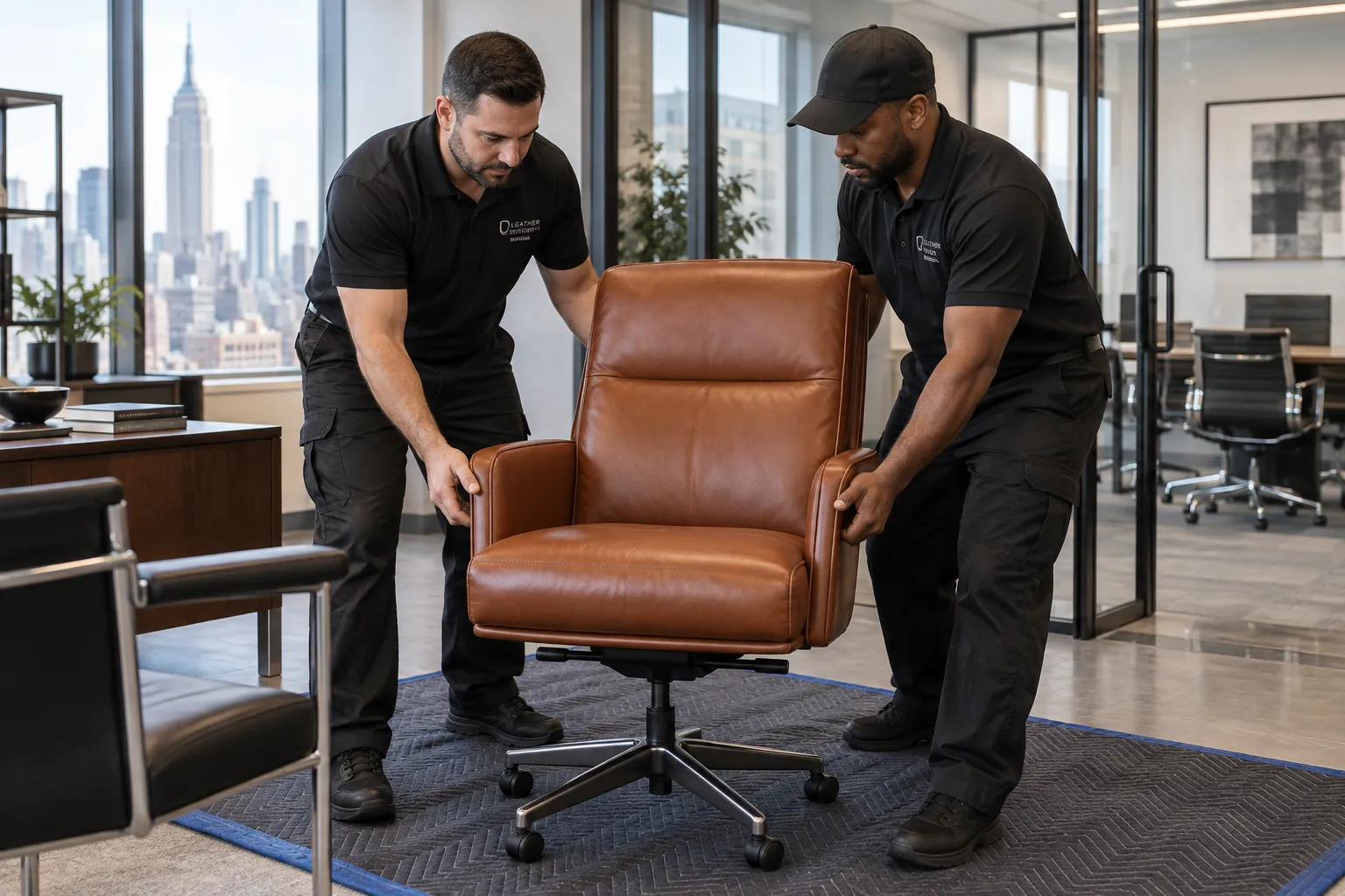 Team returning a cognac chair to an office