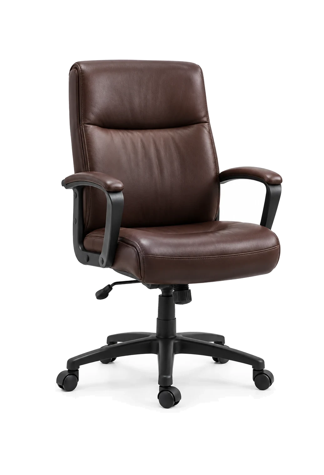 Brown leather desk chair with a padded high back