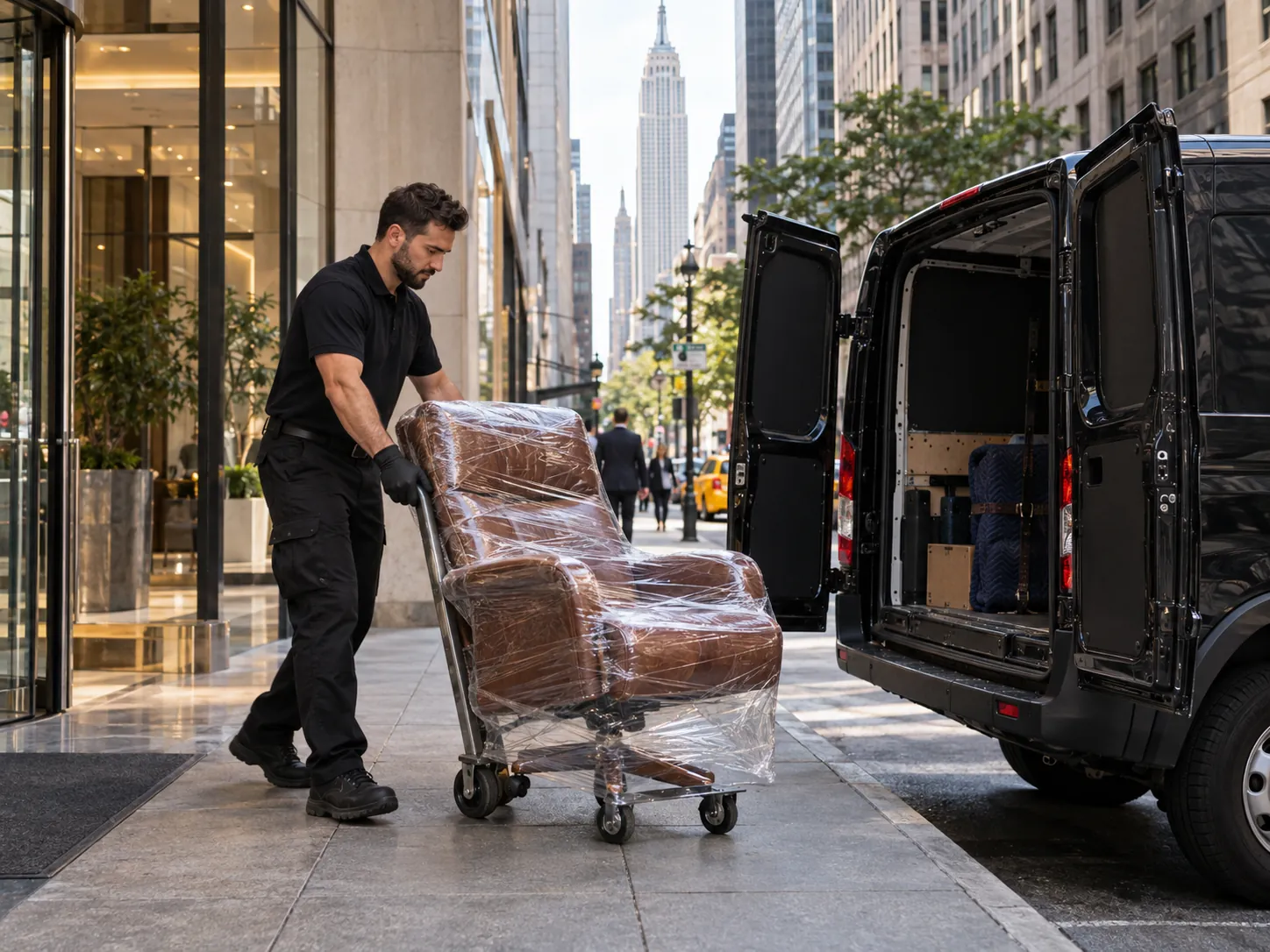 Technician wheeling a wrapped chair to an open van on a city street