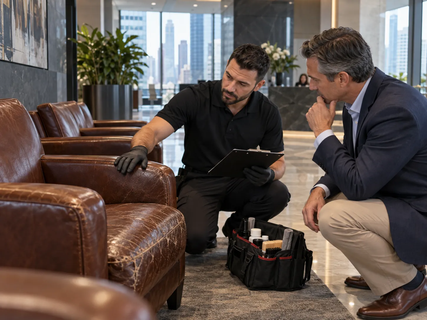 Technician and facility manager checking a leather chair