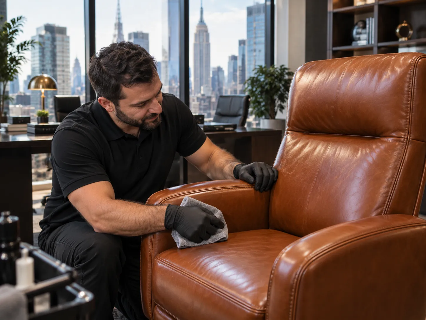 Technician finishing a cognac office chair