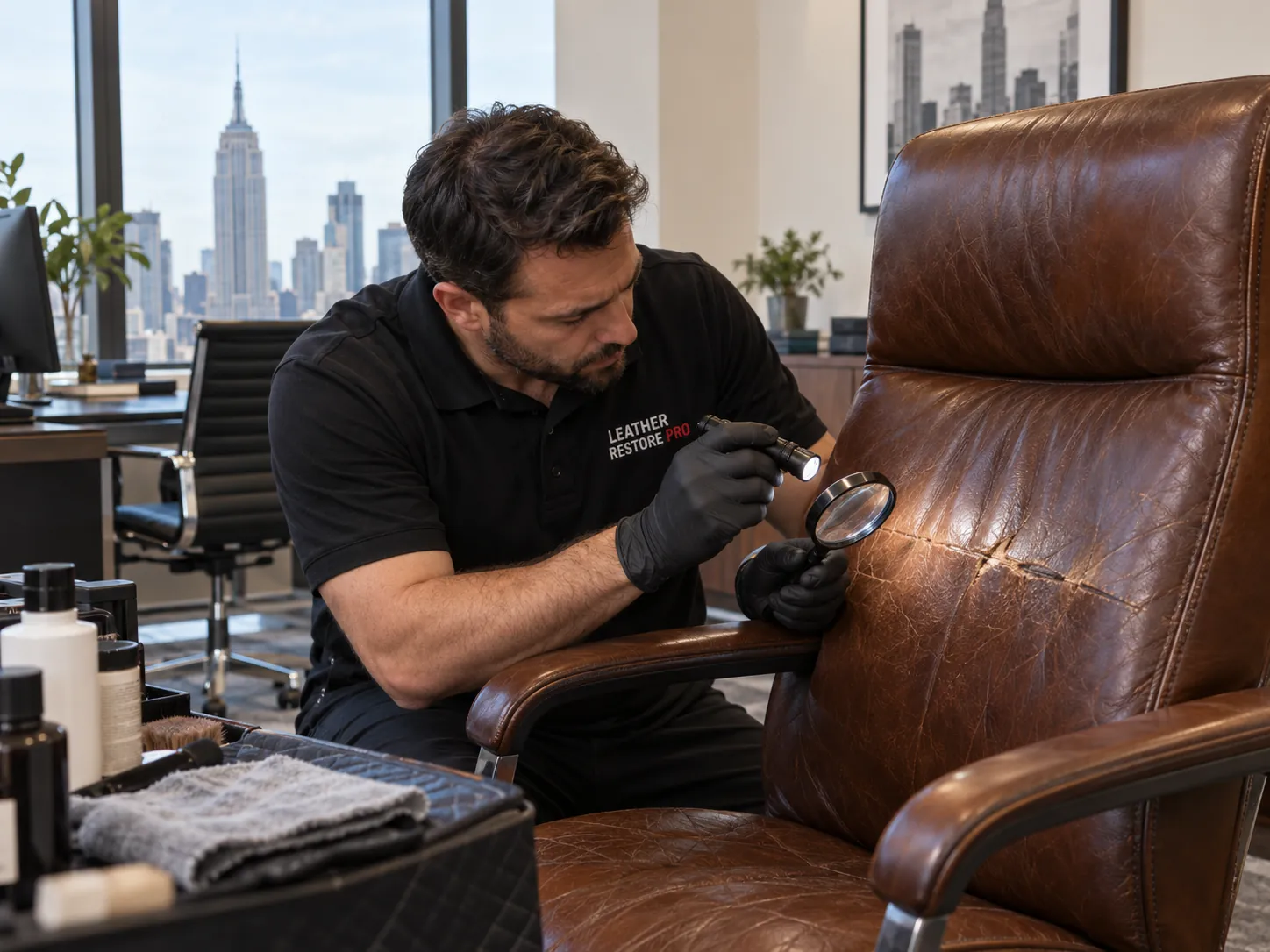 Technician inspecting a cognac office chair