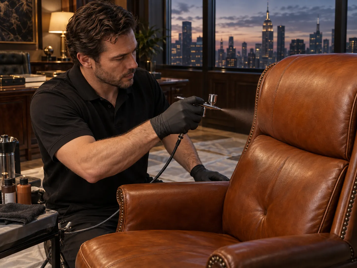 Spraying color on a cognac office chair