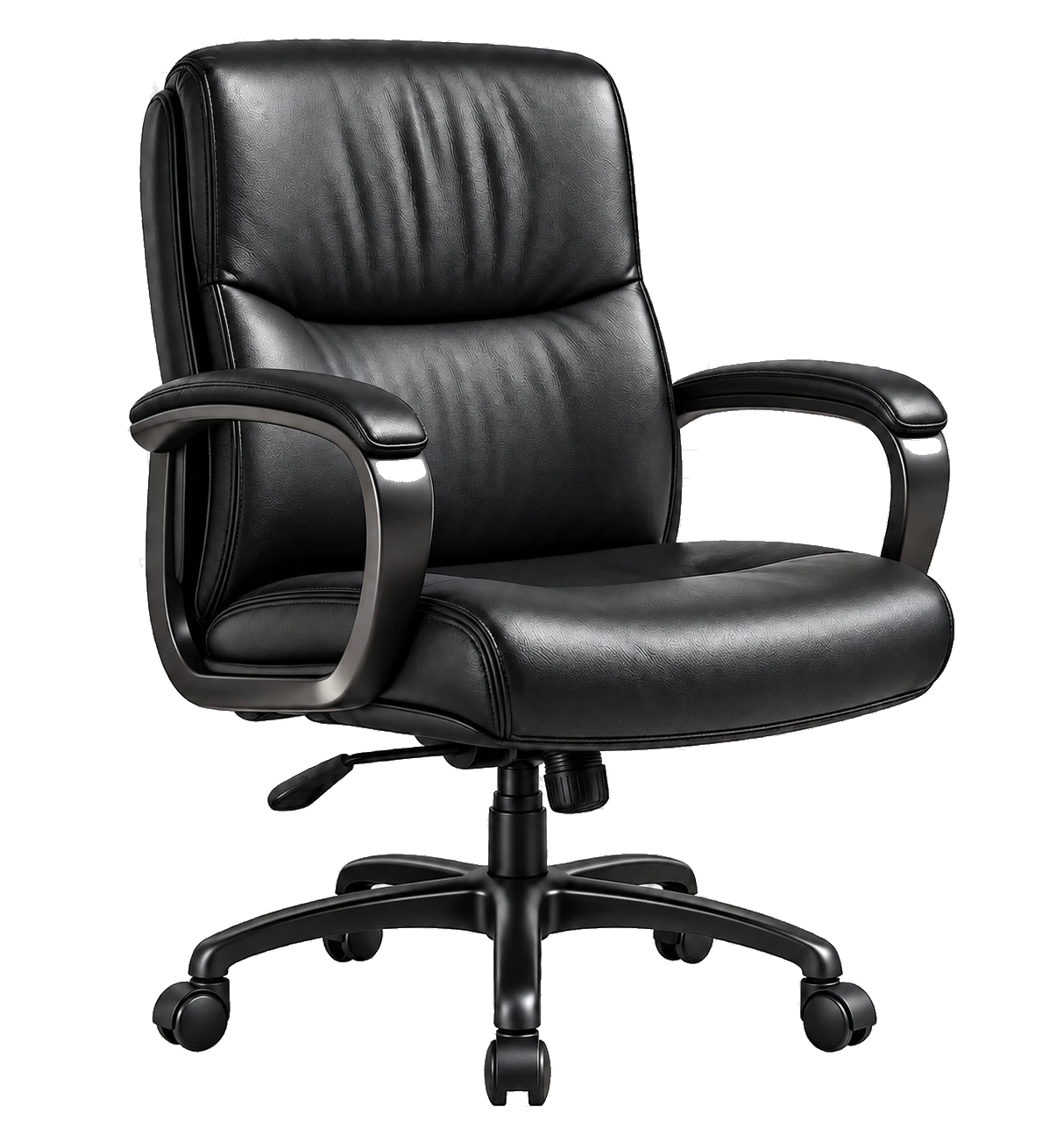 Black leather mid-back office chair shown for full surface restoration