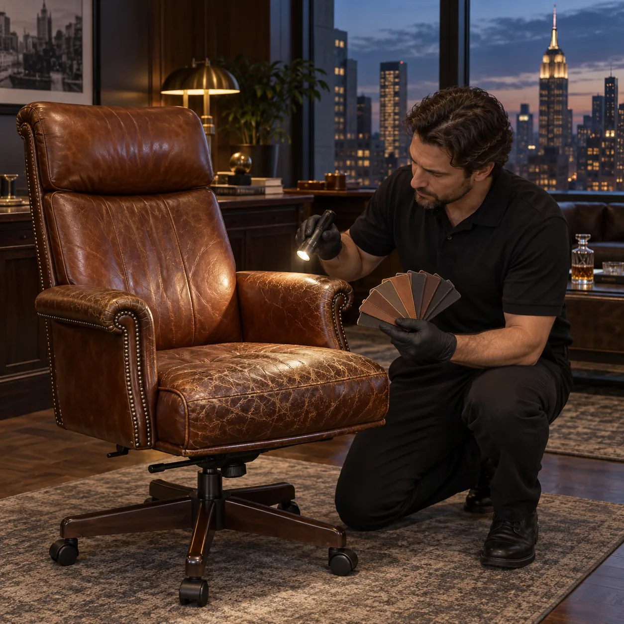 Technician assessing a cognac executive chair