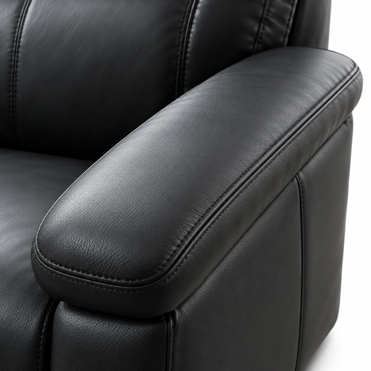 Finished black leather arm pad on a repaired office chair