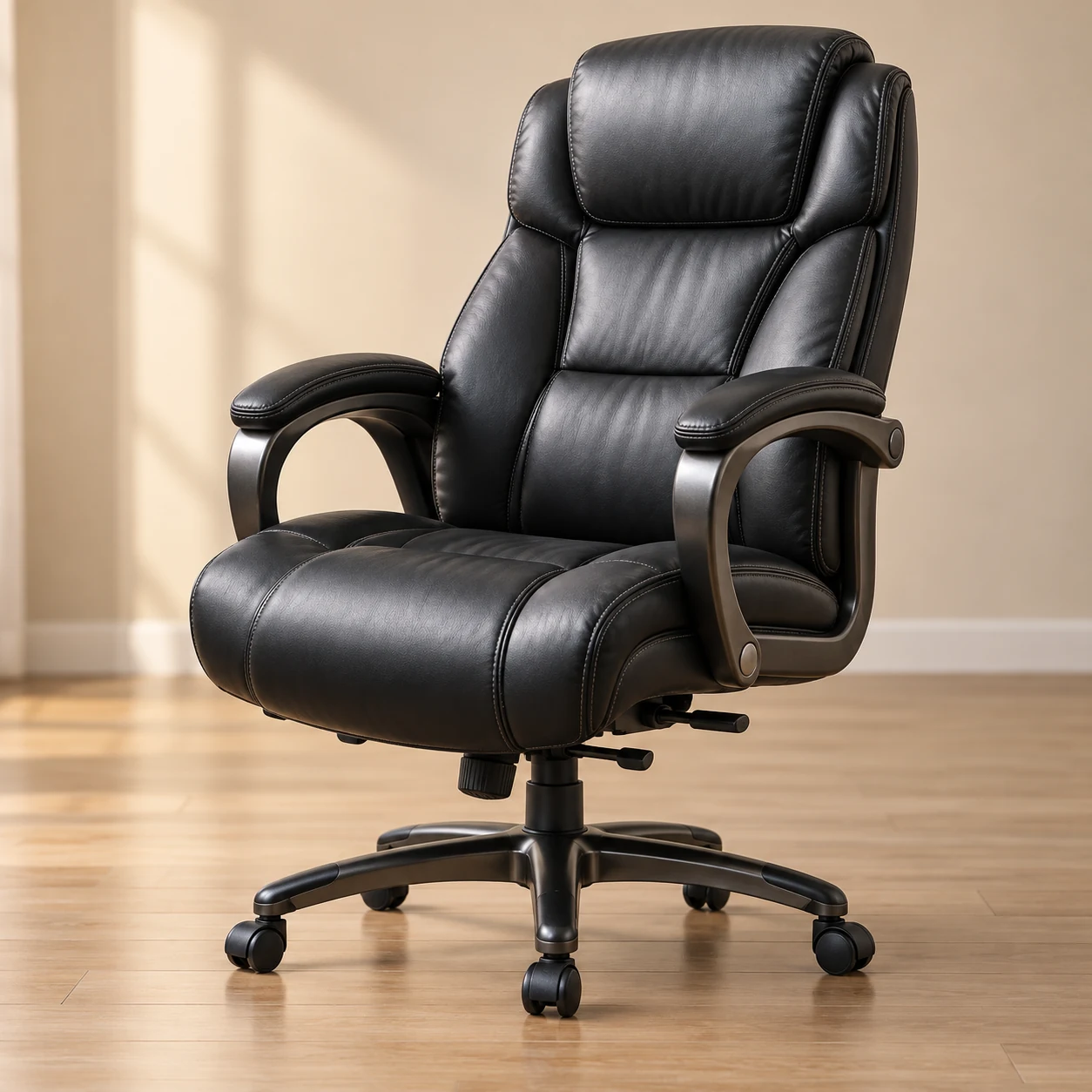 Finished black leather executive office chair back in an office