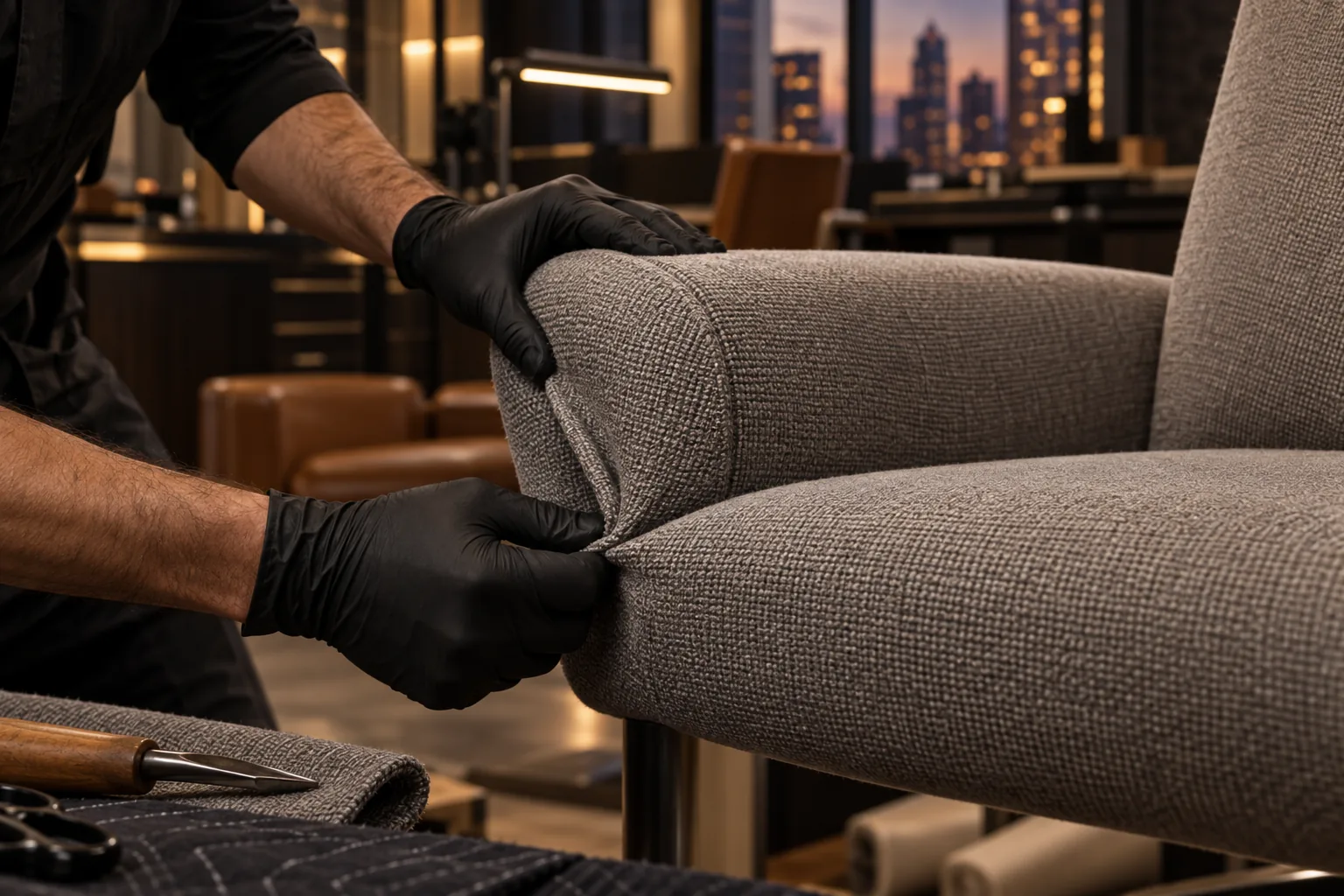 New gray fabric fitted to an office chair