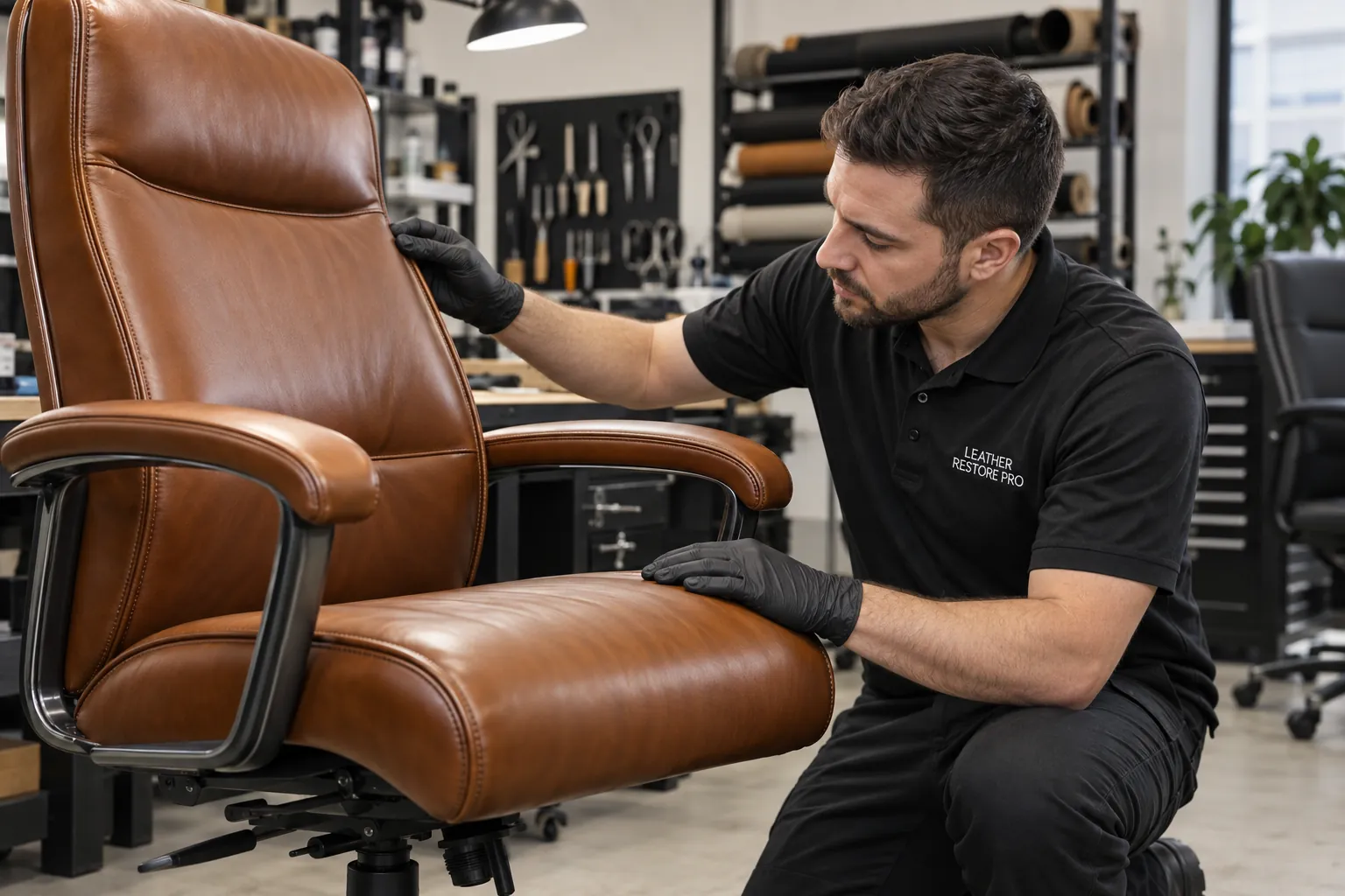 A technician inspects a reupholstered cognac leather chair