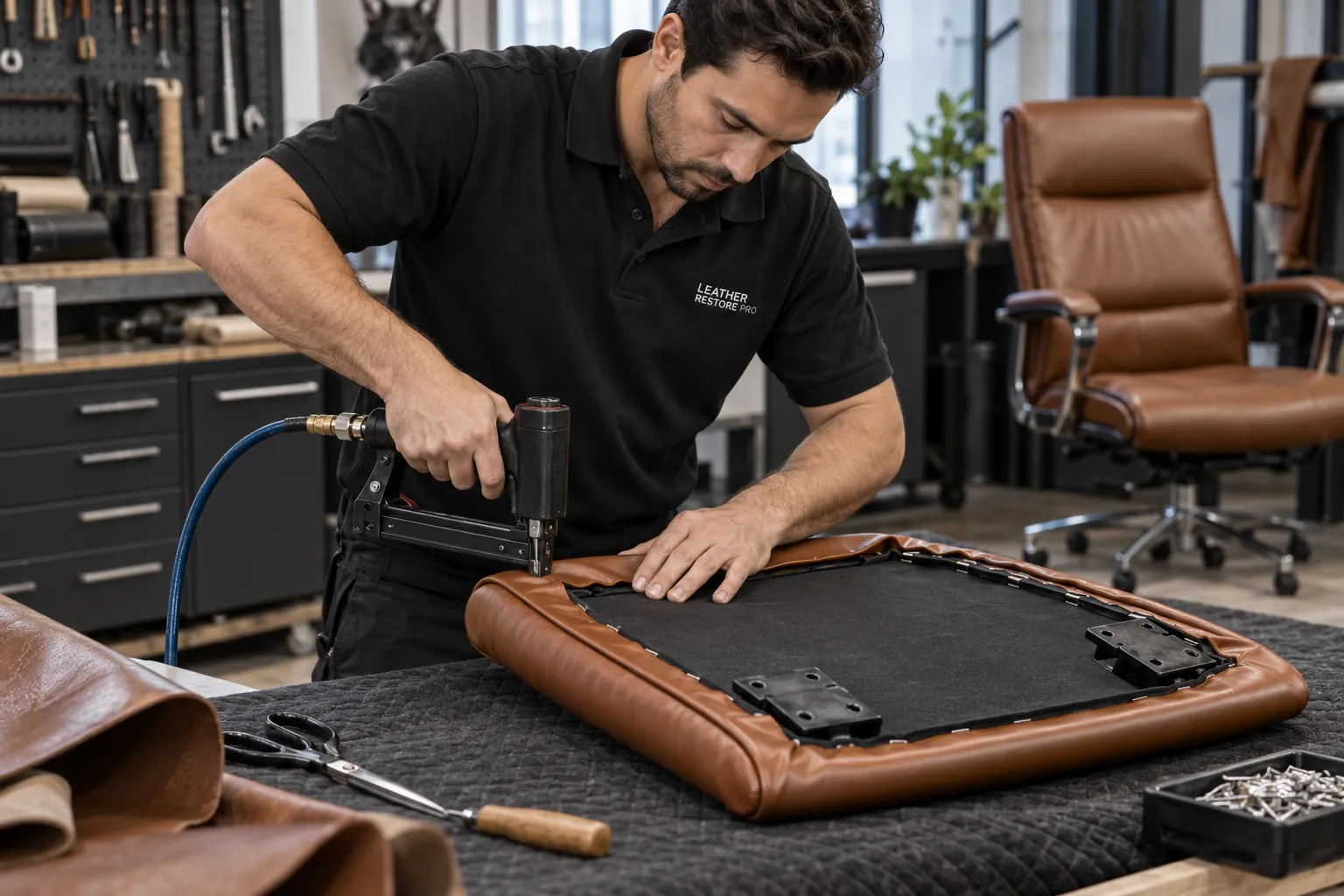 Stapling new leather to a chair seat