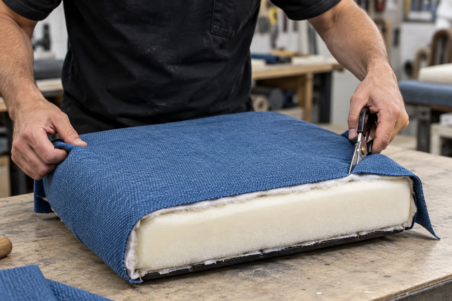 Upholsterer trimming blue fabric over an office chair seat foam