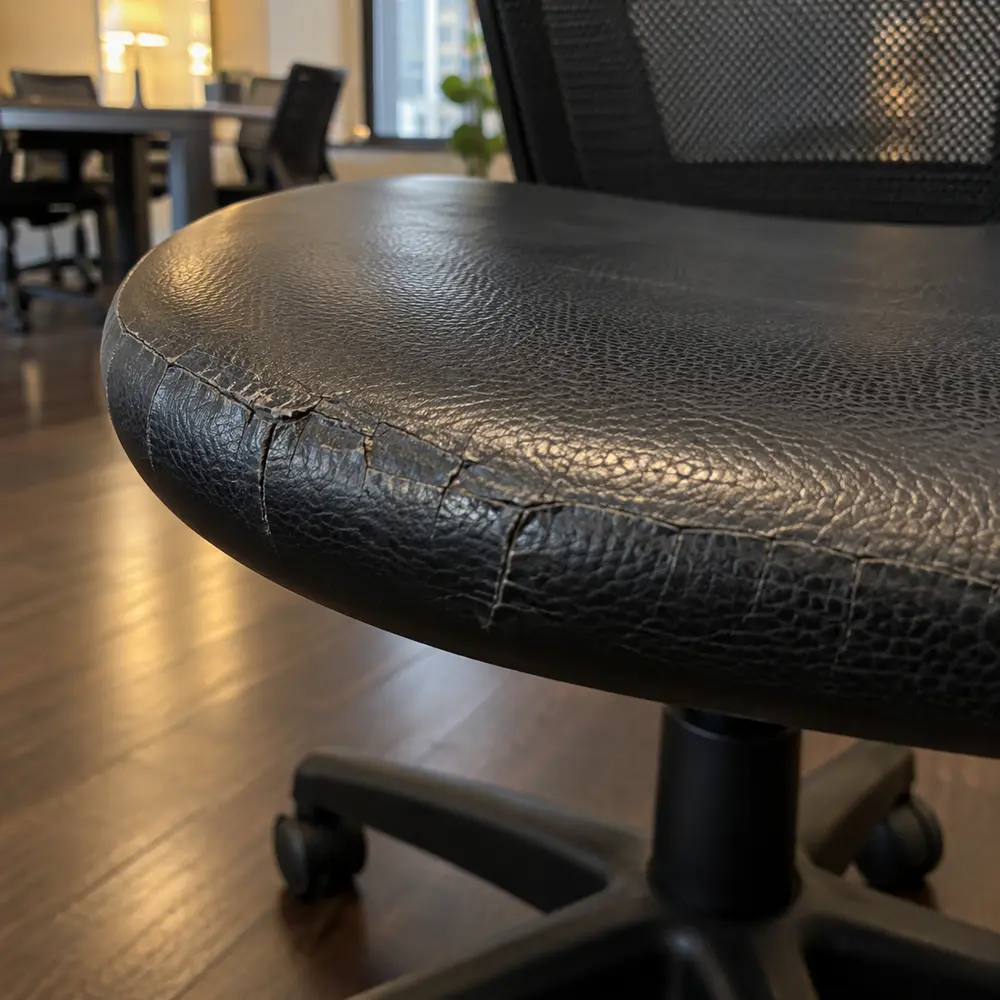 Cracked front edge of a black office chair seat