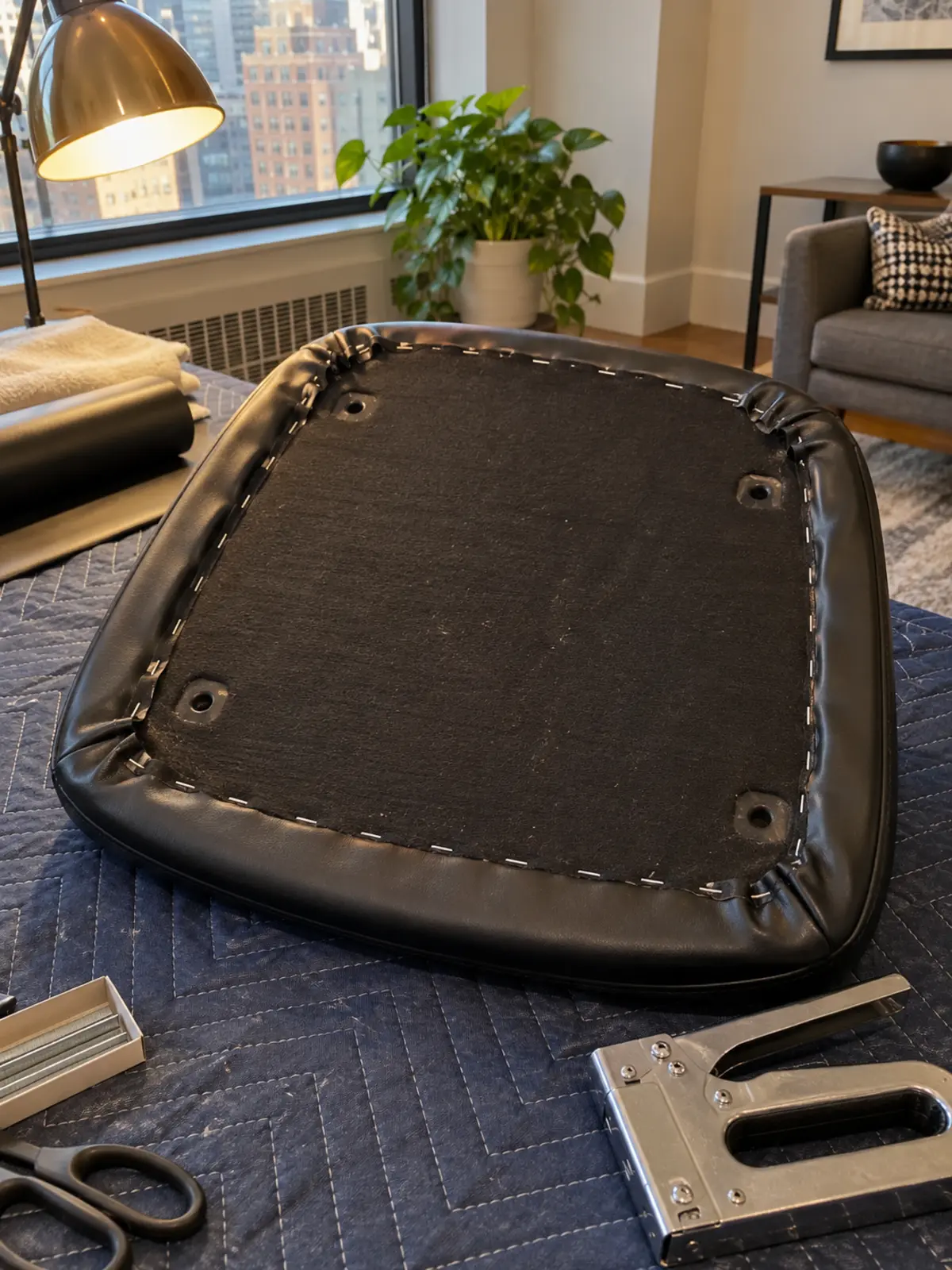 Seat pad recovered and stapled underneath