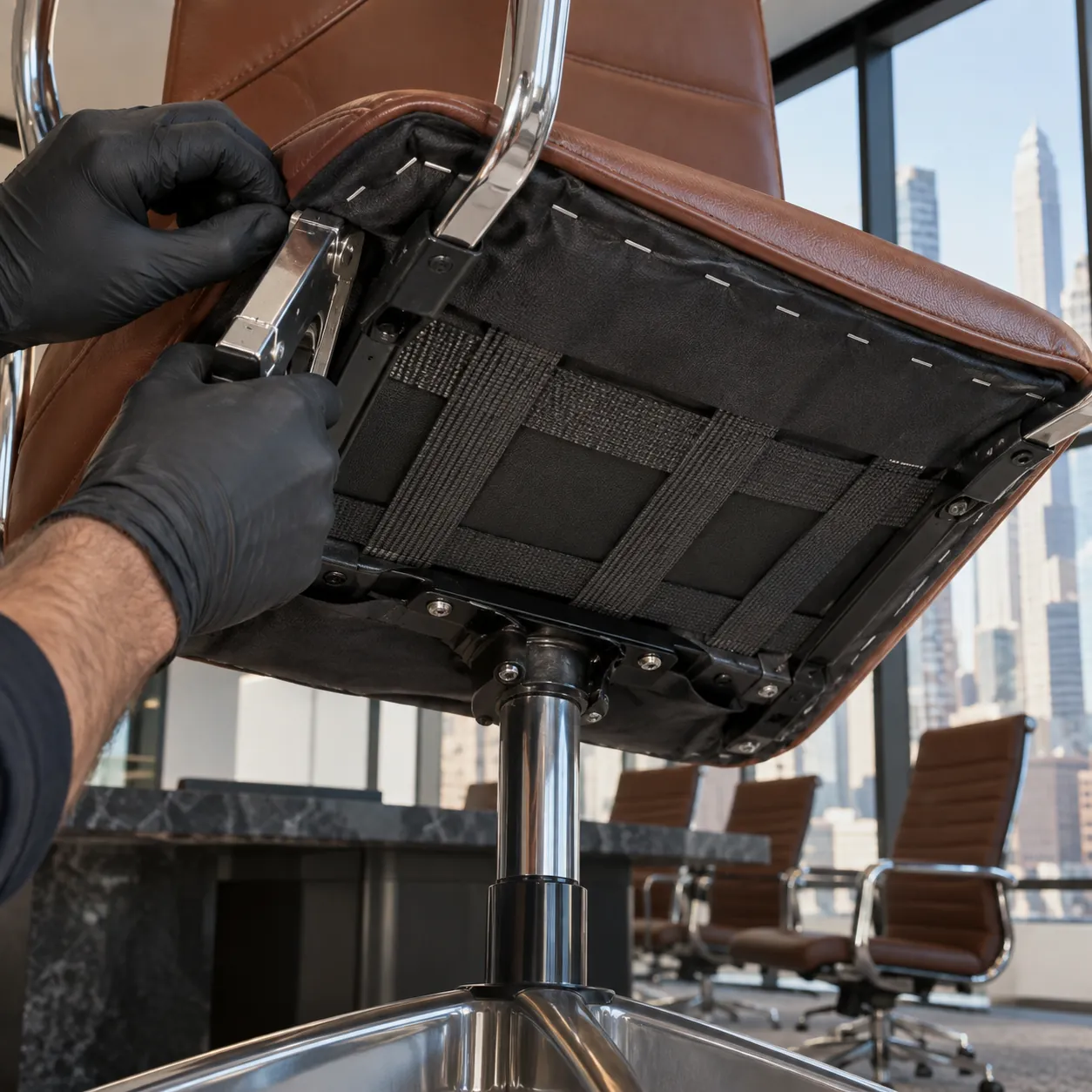 Gloved hands reupholstering an office chair seat from underneath