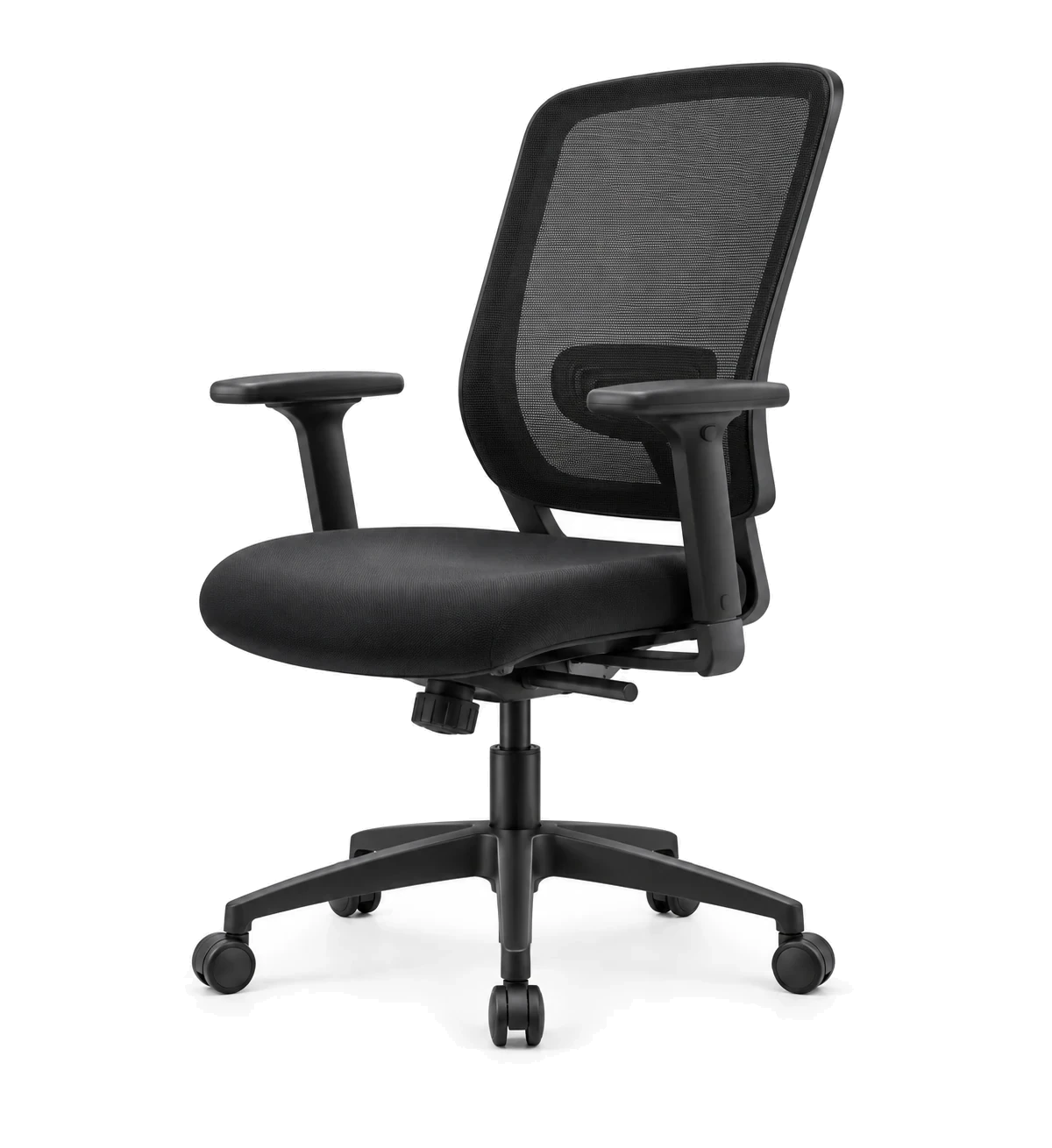 Black task chair with a mesh back and adjustable arms
