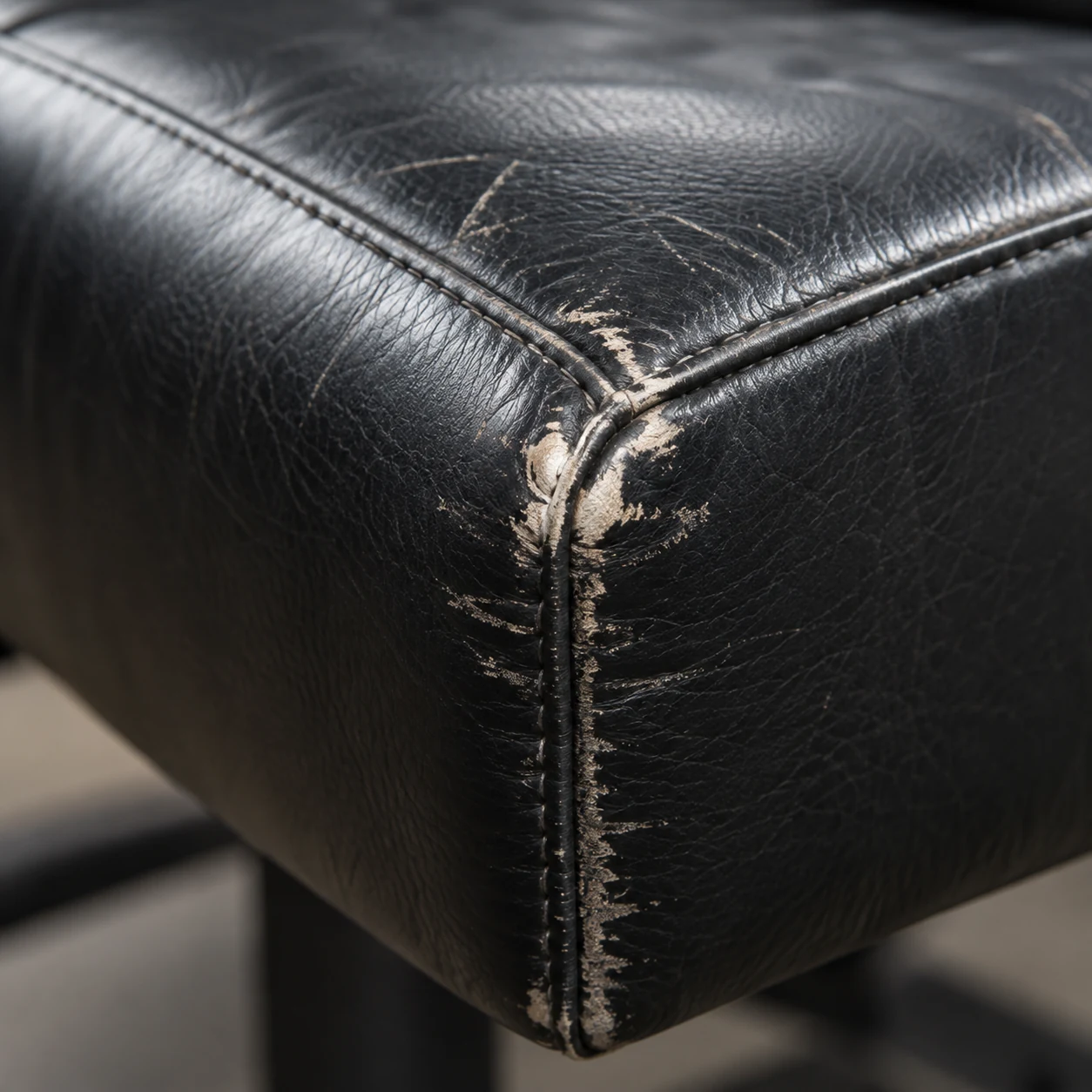 Split seam at a leather chair corner