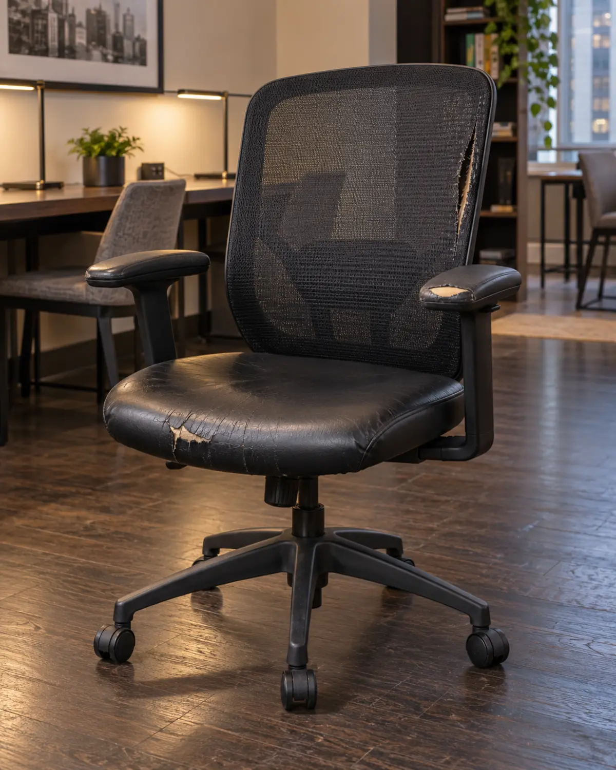 A black vinyl office chair from the front three-quarter angle showing a worn seat front, split arm cap and opened back seam