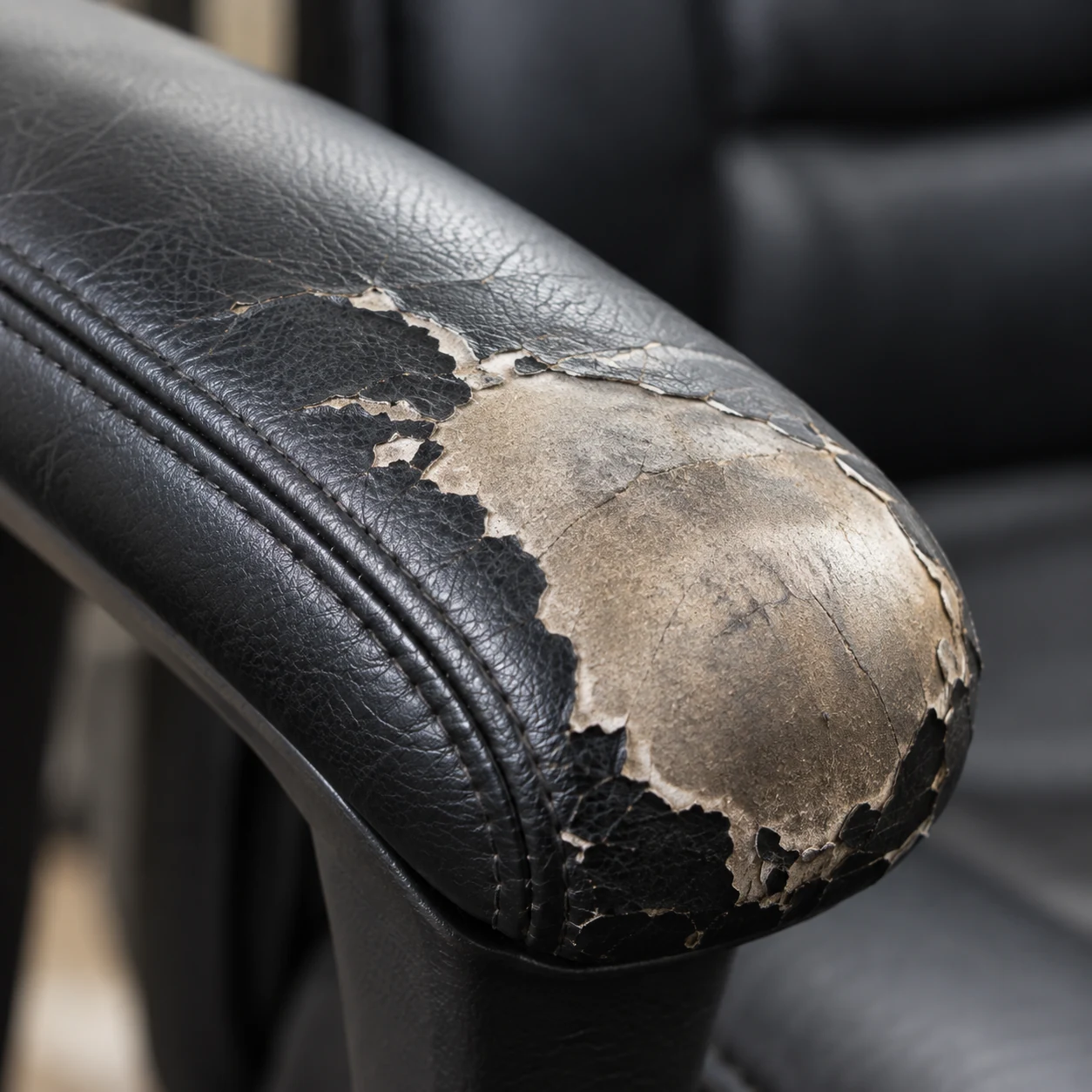 Office chair arm pad with the leather peeled off to the pale backing