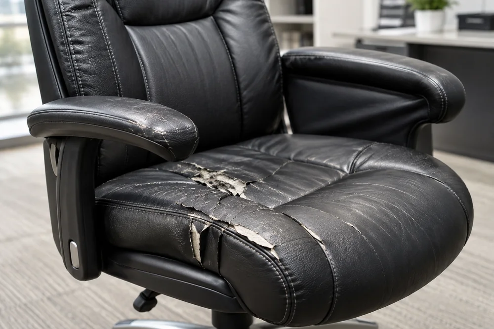Office chair with worn upholstery on the seat and armrests