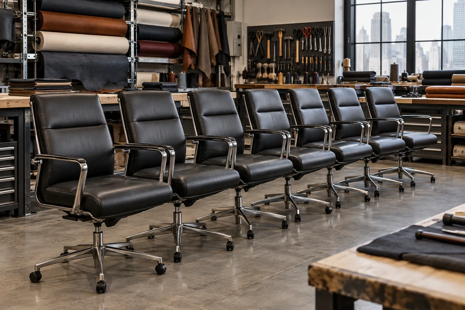 A batch of office chairs in the workshop