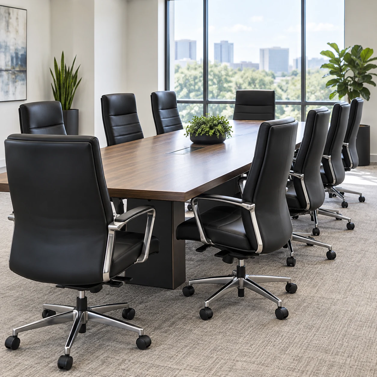 Long wood boardroom table with black office chairs