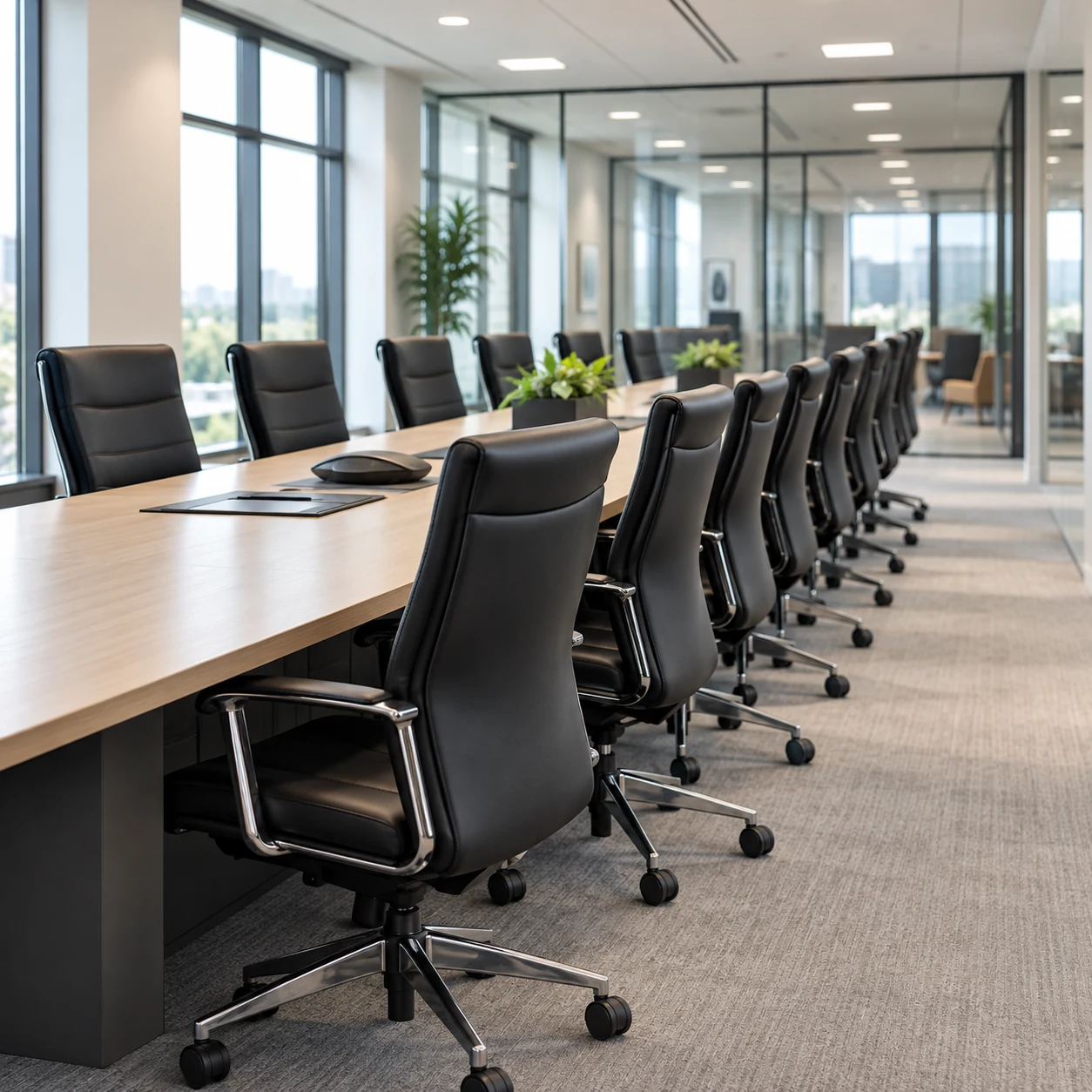 Long boardroom table and leather chairs in a glass corner room