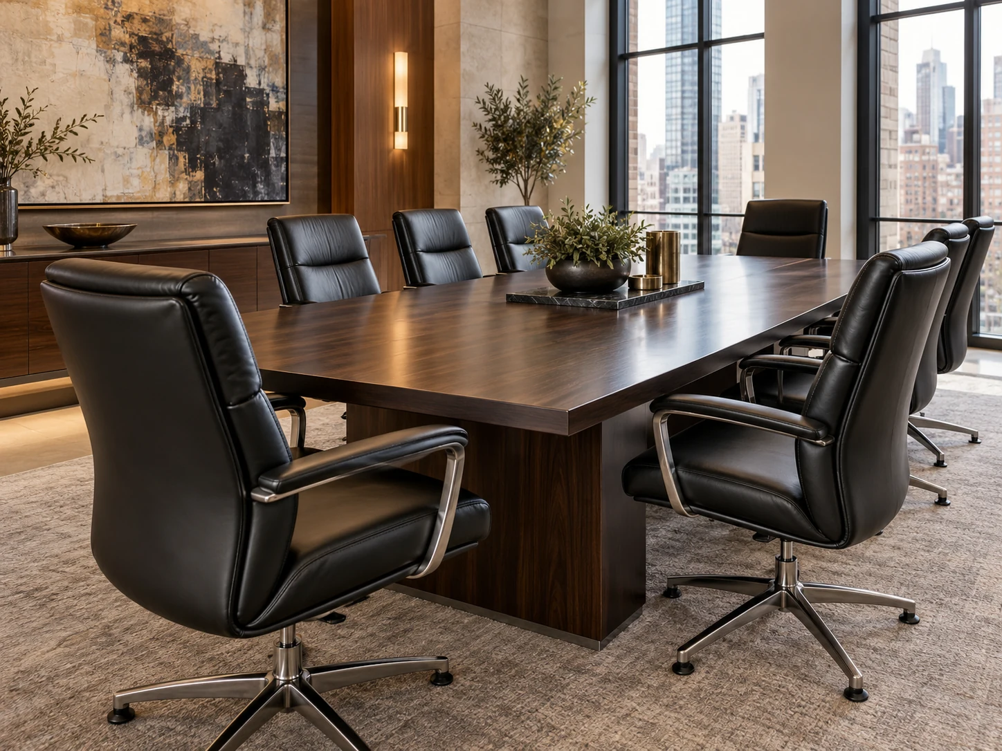 Commercial wood furniture repair NYC — dark wood boardroom table with leather conference chairs