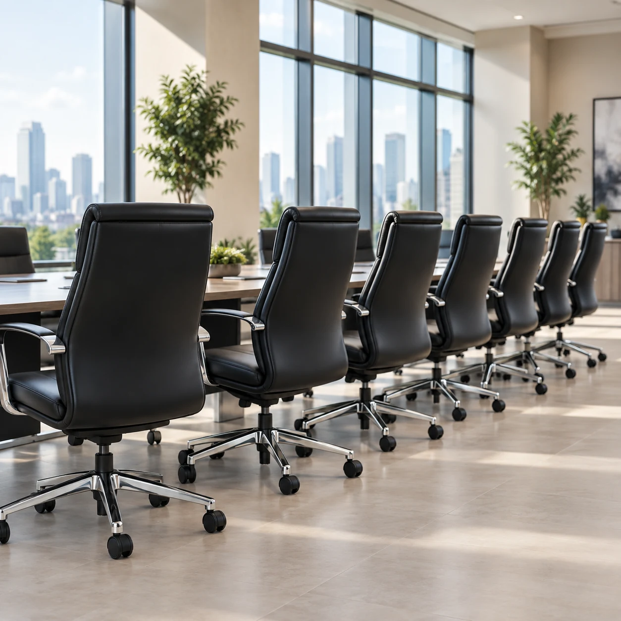 Office chair repair NYC boardroom with black leather chairs and a daylight skyline view
