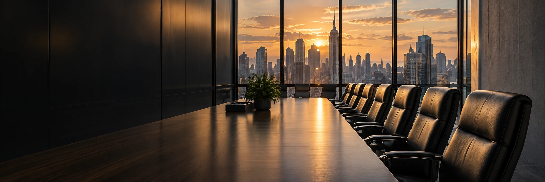 Boardroom chairs against a skyline at dusk